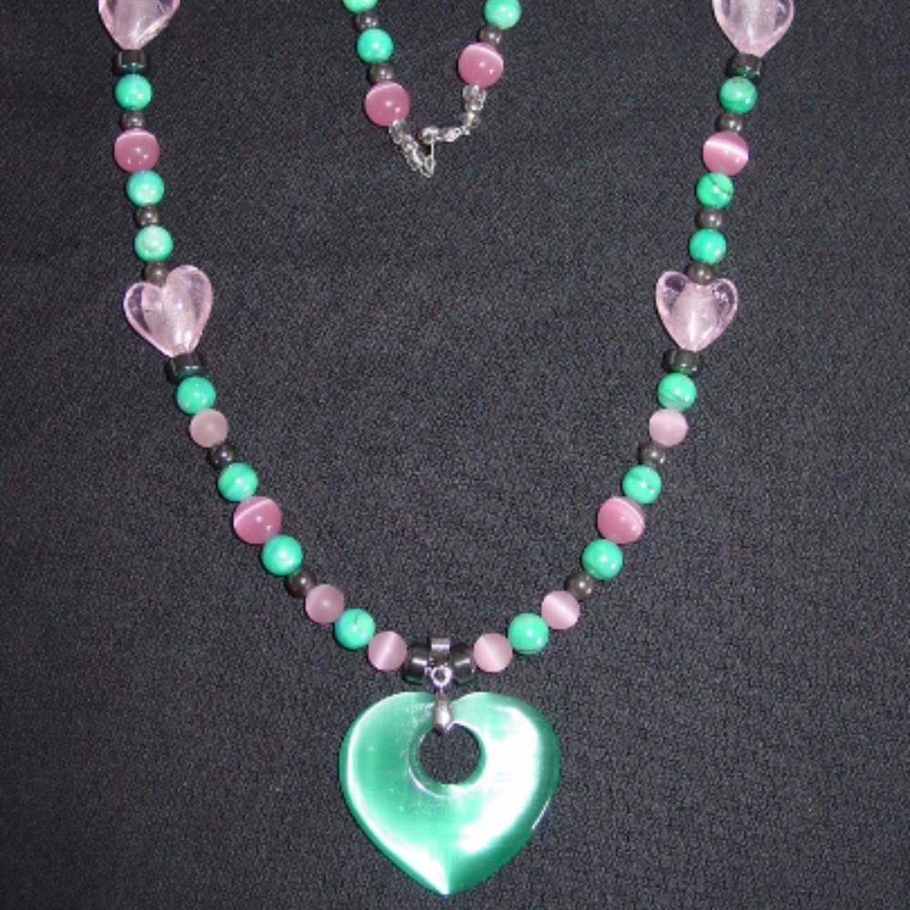 Pink Blue Beads Glass Heart Pendant Necklace